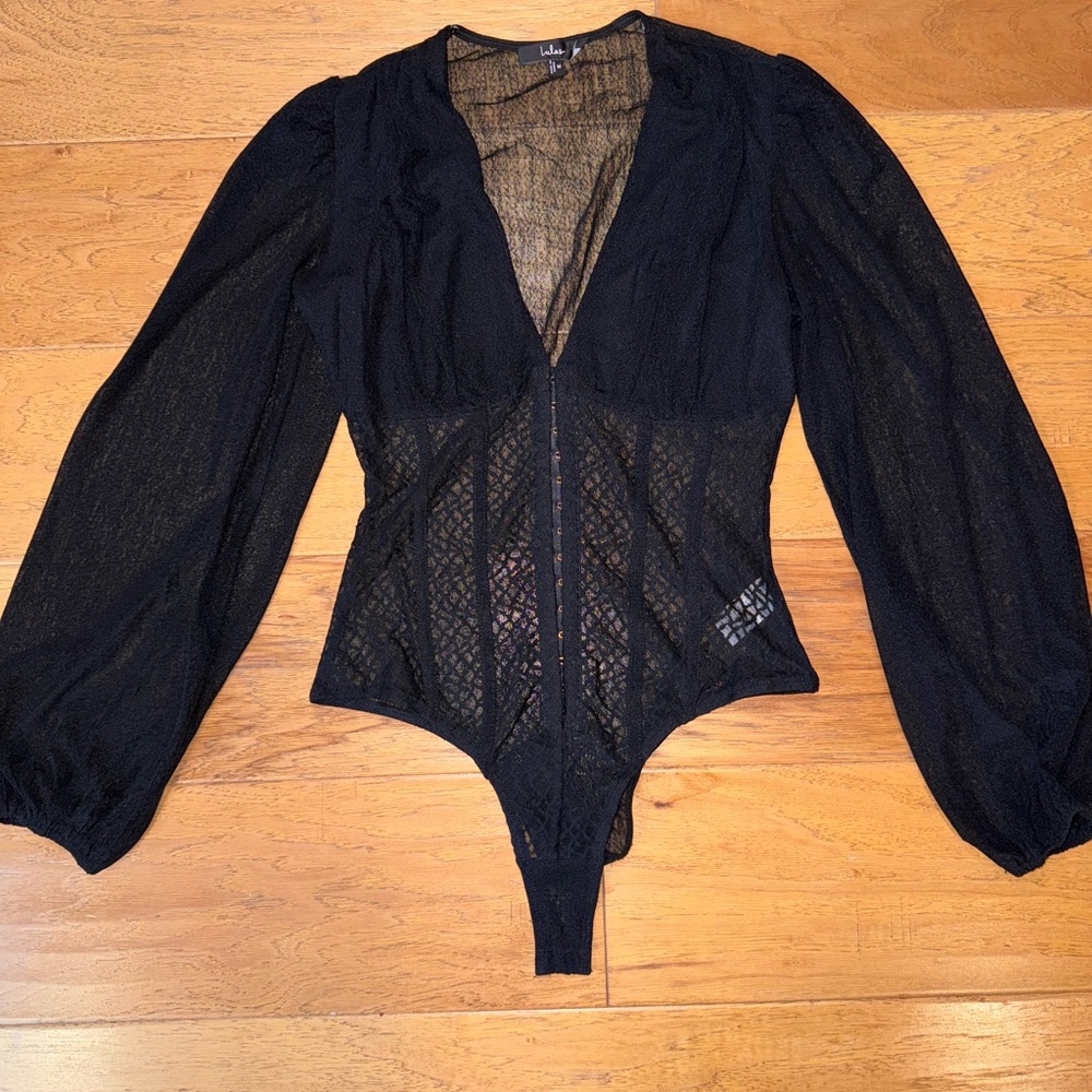 Black Lace Mesh Bodysuit | Long Sleeve Deep V-Neck | Lulus Sheer Bodysuit